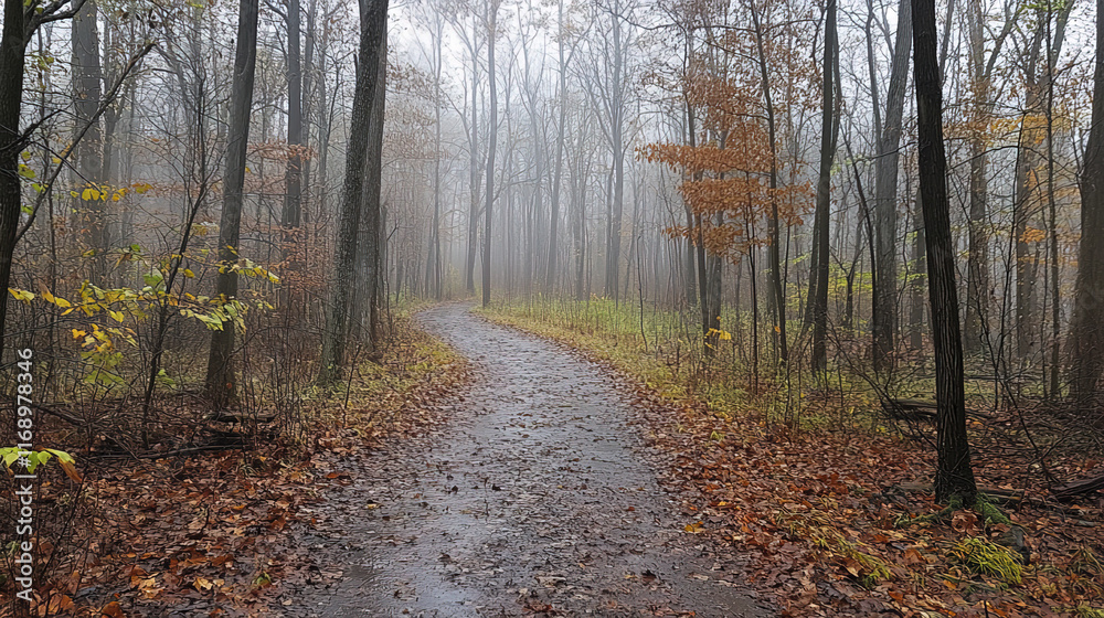 misty forest path winding through trees, surrounded by fallen leaves misty forest path winding through trees, surrounded by fallen leaves
