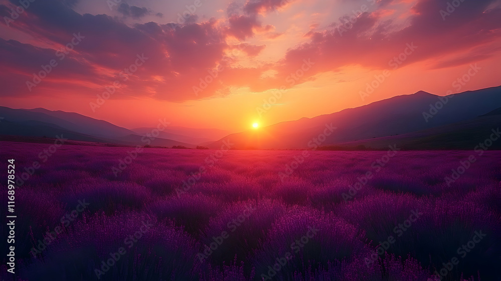 Obraz premium Vibrant sunset over a vast lavender field in mountainous terrain.