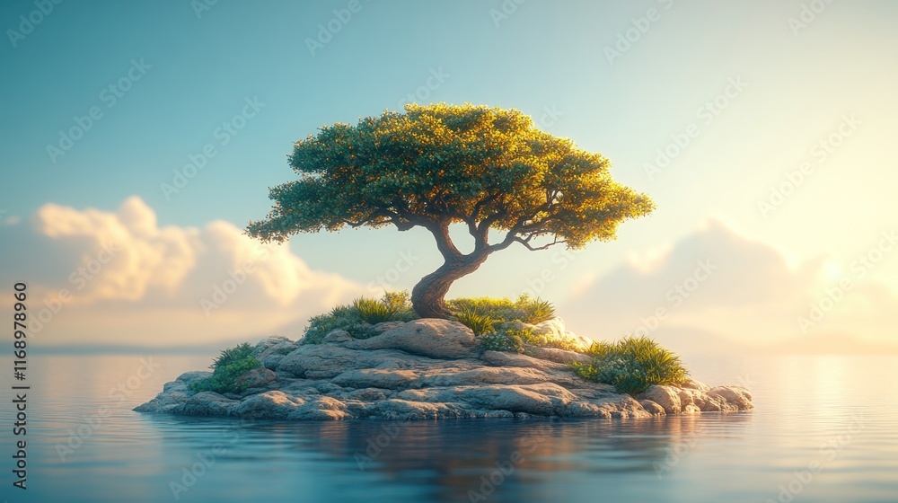 Obraz premium Solitary tree on a tranquil island at sunrise.