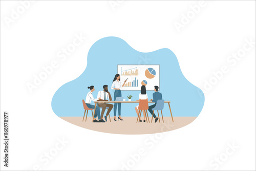 Illustration Business Discussion. Vector cartoon illustration in a flat style of a group of diverse people leading a discussion at a table near a whiteboard with charts and graphs. Vector illustration