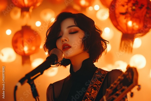 A confident singer performing a ballad during karaoke night, their reflection captured in a nearby mirror
