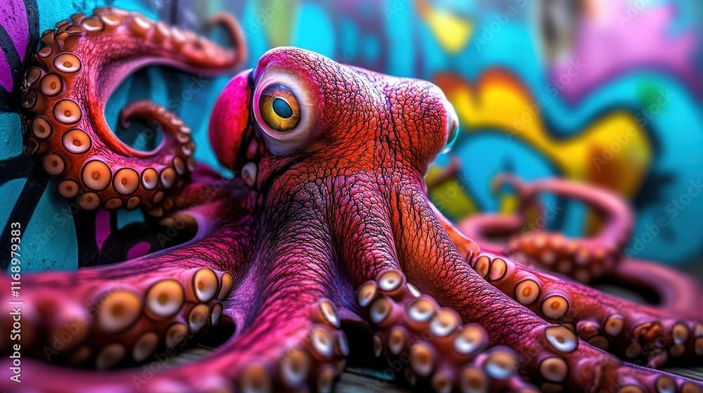 Fototapeta premium This vibrant octopus stands out against a colorful graffiti wall, showcasing its intricate details while highlighting the fusion of marine life and urban art in a stunning visual.