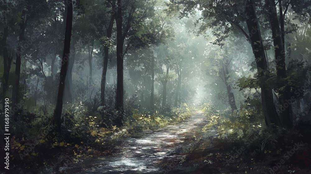 Naklejka premium narrow forest trail shrouded in mist, with wet ground and soft light