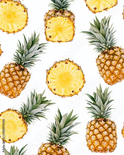 Vibrant Pineapple Pattern Featuring Whole and Sliced Pineapples with Lush Green Leaves on a Bright White Background for Fresh and Tropical Designs