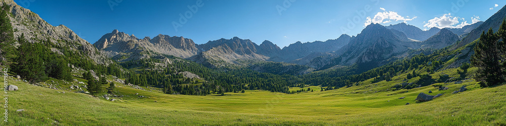 Obraz premium Verdant pastures amidst rugged mountain scenery and a clear, bright sky