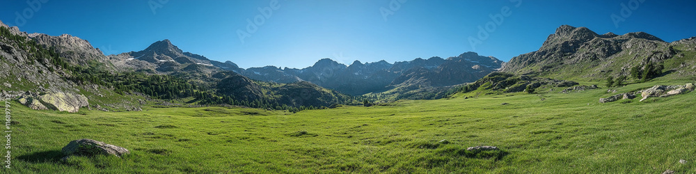 Fototapeta premium Verdant pastures amidst rugged mountain scenery and a clear, bright sky