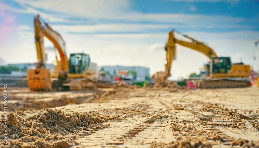 Construction Excavators at Work on a Sunny Day. Heavy Equipment Digging and Leveling Earth at a Construction Site, Capturing the Essence of Labor Infrastructure Development with Precision and Power Construction Excavators at Work on a Sunny Day. Heavy Equipment Digging and Leveling Earth at a Construction Site, Capturing the Essence of Labor Infrastructure Development with Precision and Power