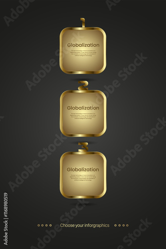 Three Luxury Infographic buttons in vector on dark background with three numbers, and A sleek rectangles designs