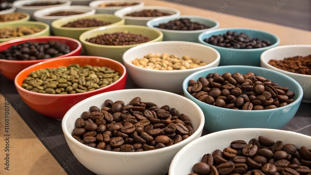 Variety of coffee beans in colorful bowls arranged neatly. Variety of coffee beans in colorful bowls arranged neatly.