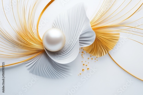 A stylized depiction of a single pearl earring, surrounded by abstract golden shapes photo