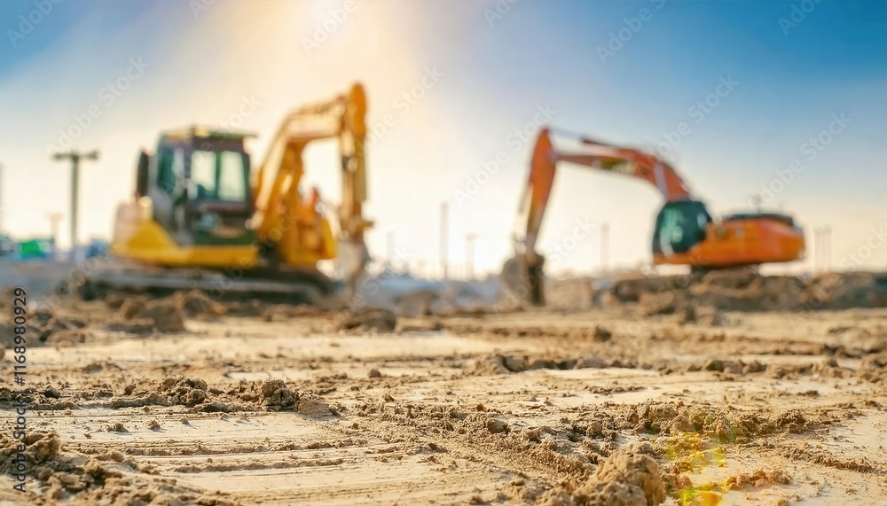 Obraz premium Construction Excavators at Work on a Sunny Day. Heavy Equipment Digging and Leveling Earth at a Construction Site, Capturing the Essence of Labor Infrastructure Development with Precision and Power