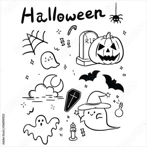 Collection of hand drawn cute halloween element, vector cartoons