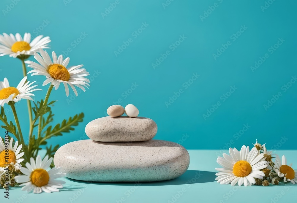 A cosmetic podium made of pebble stones with chamomile flowers on a bright turquoise background A cosmetic podium made of pebble stones with chamomile flowers on a bright turquoise background