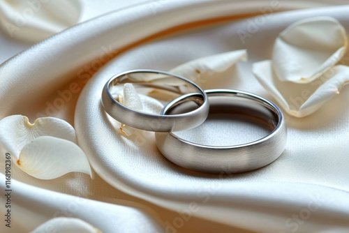 A pair of silver wedding rings elegantly placed on soft white silk fabric with delicate white petals, symbolizing love and commitment.
 photo