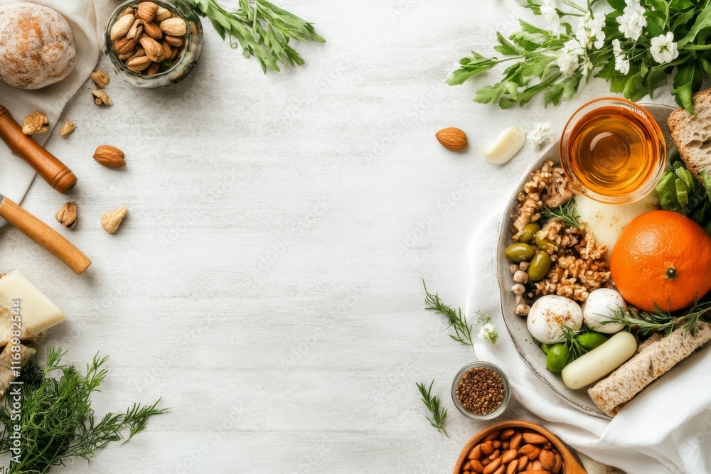 A traditional Seder plate for Passover, with symbolic foods arranged neatly on a white tablecloth A traditional Seder plate for Passover, with symbolic foods arranged neatly on a white tablecloth