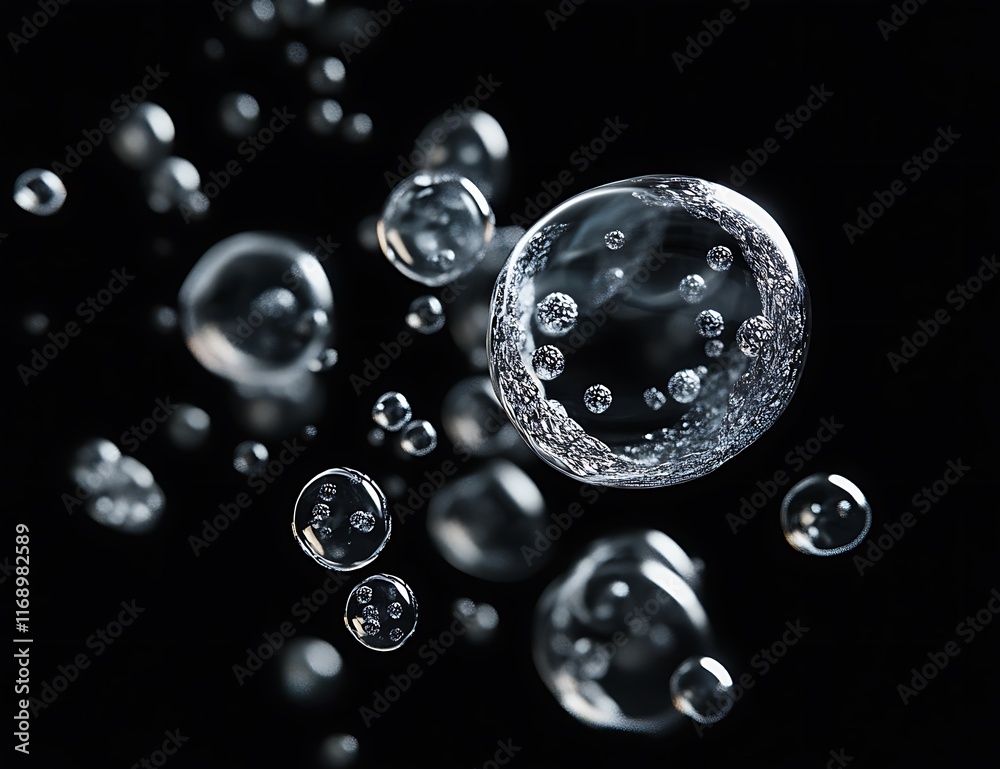 Abstract image of floating transparent bubbles on black background. Abstract image of floating transparent bubbles on black background.