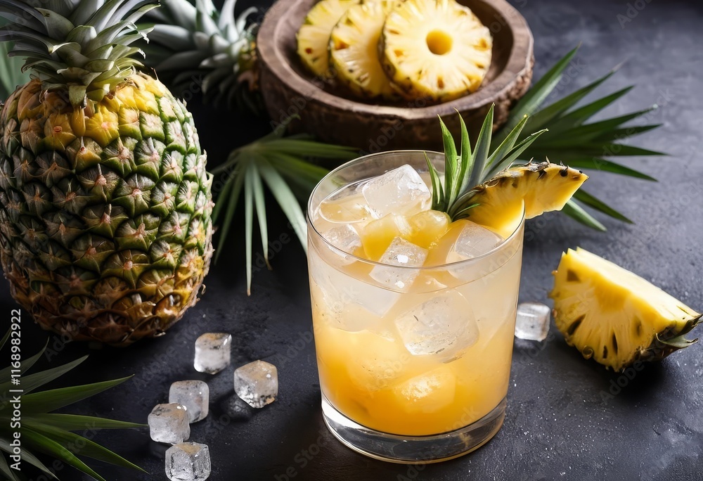 A tropical cocktail with pineapple and ice, garnished with a lime wedge and tropical leaves A tropical cocktail with pineapple and ice, garnished with a lime wedge and tropical leaves