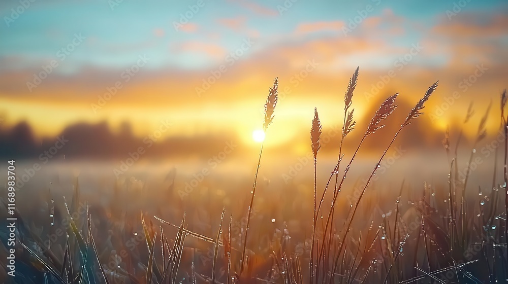 Fresh dew clinging to blades of grass at sunrise, the world awakening softly, patience, calm, mindfulness