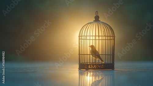 A lone bird sits inside a metal cage at sunrise. photo