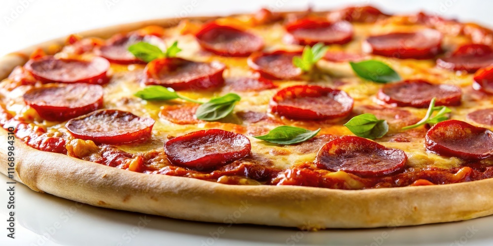 Tilt-shift photography showcases a delectable meat lover's pizza; crisp white background emphasizes its richness. Tilt-shift photography showcases a delectable meat lover's pizza; crisp white background emphasizes its richness.