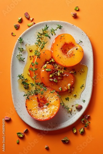 Juicy grilled peaches rest on a textured plate, drizzled with golden honey and topped with crushed pistachios and fresh thyme, creating a delightful summer dish