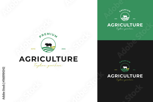 Agriculture logo design with cultivator and plow cow silhouette template vector illustration