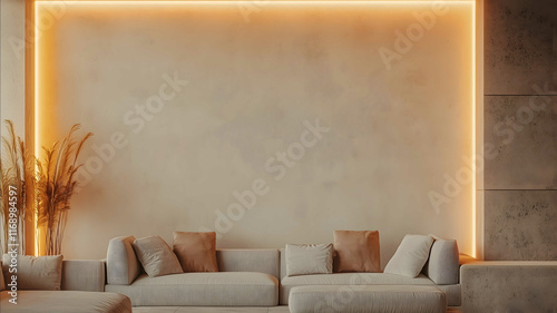 Create an elegant and sophisticated interior scene with a closeup view of a neutralcolored wall such as soft beige light grey or taupe in the foreground ideal for displa photo