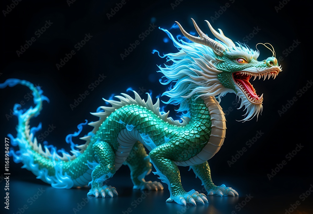 Majestic Green Dragon with Azure Flames in Dramatic Lighting. Generative AI Majestic Green Dragon with Azure Flames in Dramatic Lighting. Generative AI