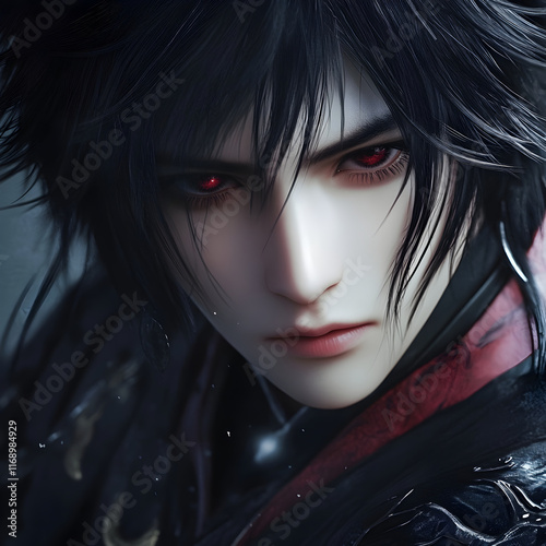 A striking character portrait featuring dark hair, intense red eyes, and a somber expression, embodying an enigmatic and mystical presence.
