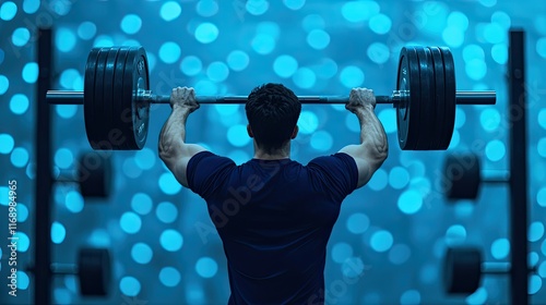 A person lifts a heavy barbell in a gym, surrounded by blue lights, showcasing strength and determination.