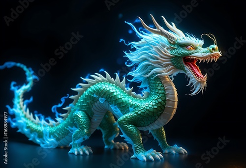 Majestic Green Dragon with Azure Flames in Dramatic Lighting. Generative AI photo