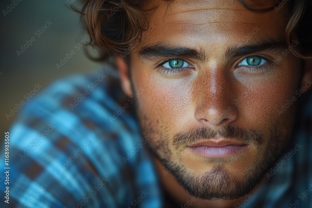 closeup portrait of a young man with striking green eyes dressed in a plaid shirt exuding confidence and warmth set against a softly blurred background that enhances his features closeup portrait of a young man with striking green eyes dressed in a plaid shirt exuding confidence and warmth set against a softly blurred background that enhances his features