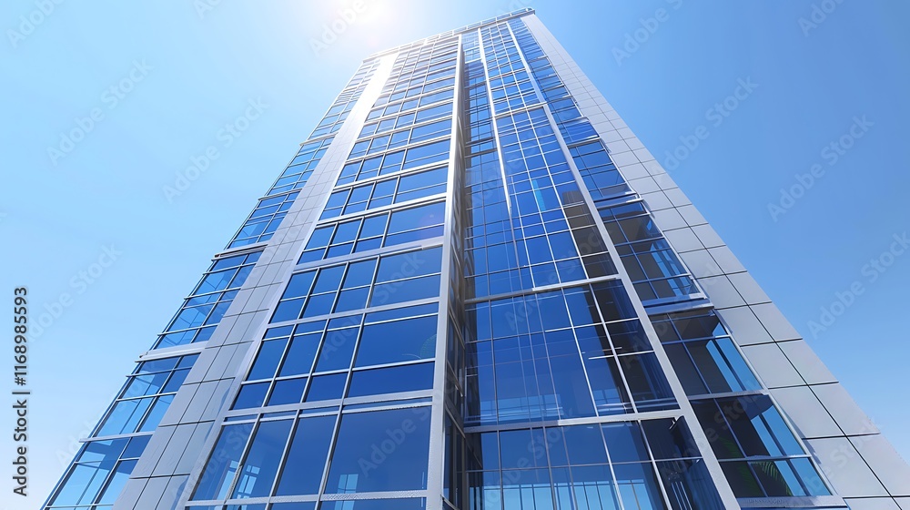 modern skyscraper with large reflective windows and clear blue sky background modern skyscraper with large reflective windows and clear blue sky background