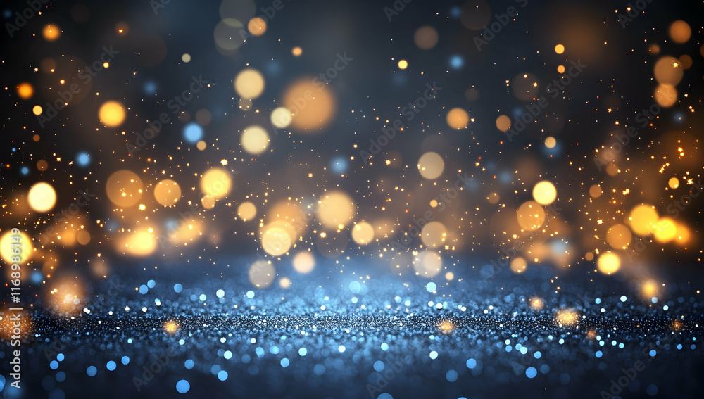 Dark blue background with glowing particles and bokeh, with space for text, suitable for a banner design Dark blue background with glowing particles and bokeh, with space for text, suitable for a banner design