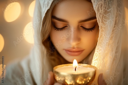 A woman lighting Shabbat candles at dusk, with her head covered and an expression of quiet reflection photo