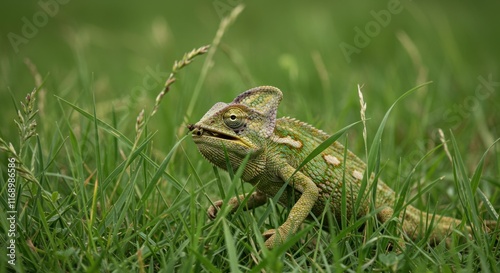 Green Chameleon Eating Insect In Grass photo