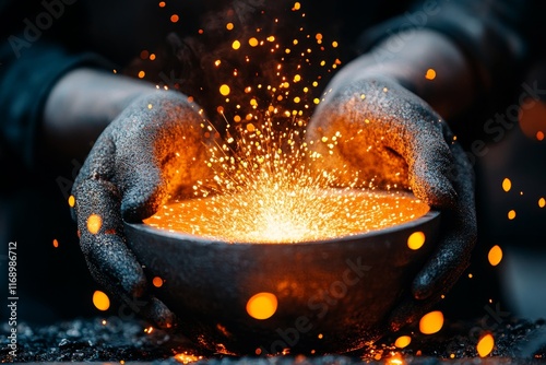 An artisan jewellery maker working with molten gold to create a unique piece, sparks flying around