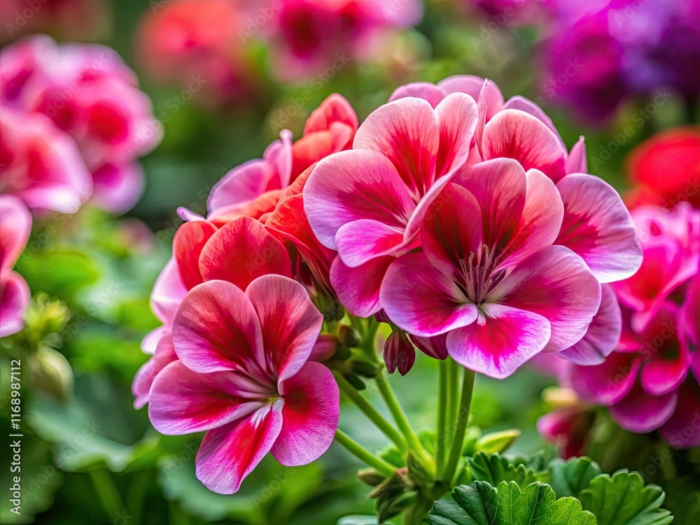 Vibrant pink and red geraniums burst forth in a springtime close-up portrait. Vibrant pink and red geraniums burst forth in a springtime close-up portrait.