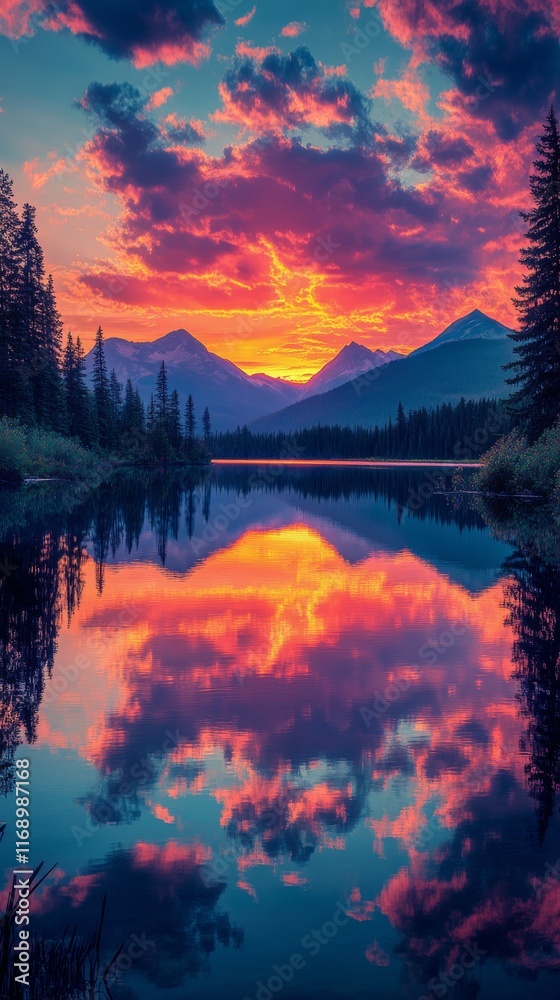 Stunning sunset reflected in calm lake with mountains in the background of a serene landscape Stunning sunset reflected in calm lake with mountains in the background of a serene landscape
