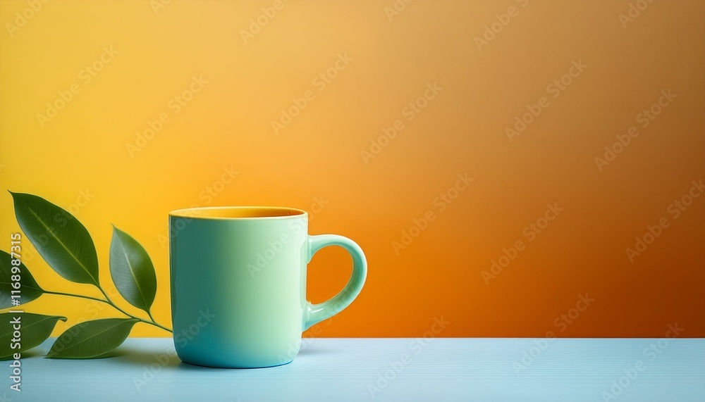 A mug with a clean and modern design, with soft primary colors harmonizing together on a table A mug with a clean and modern design, with soft primary colors harmonizing together on a table