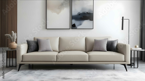 Gray sofa Photographer Chen Mans fashionable photography style features a light beige leather threeseater sofa black legs and silver leg accents with a simple modern des photo