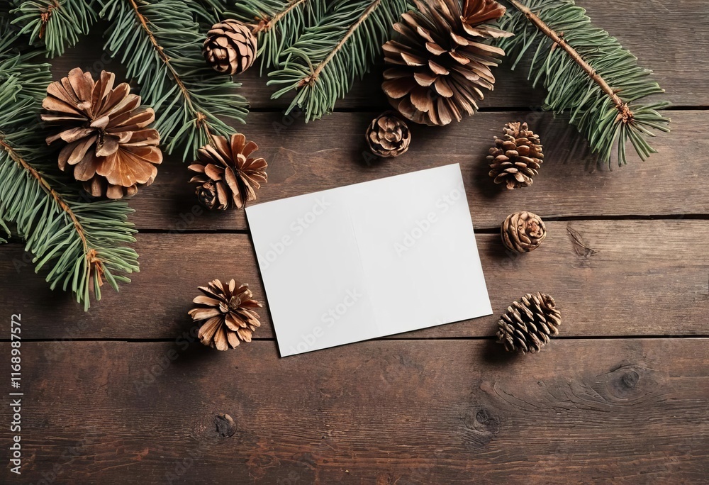 Obraz premium A mock up of a Christmas card with a rustic background of fir branches and pine cones