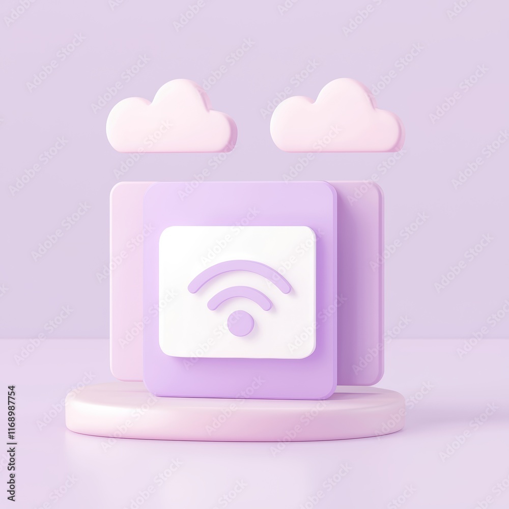 Modern digital design with wireless symbol and pastel cloud elements on purple Modern digital design with wireless symbol and pastel cloud elements on purple