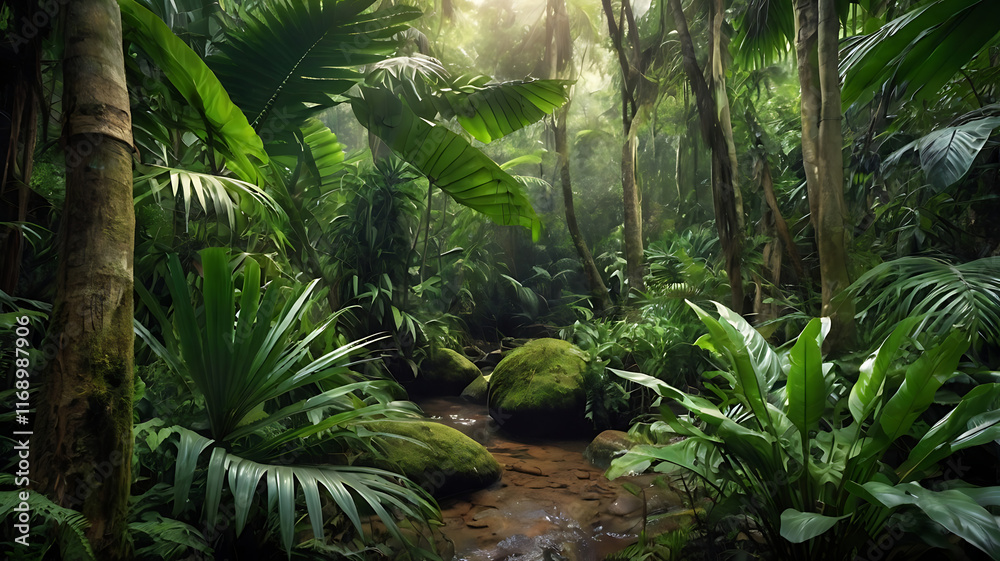 Naklejka premium Tropical Rainforest Landscape background. Tropical jungle palms, trees and plants 