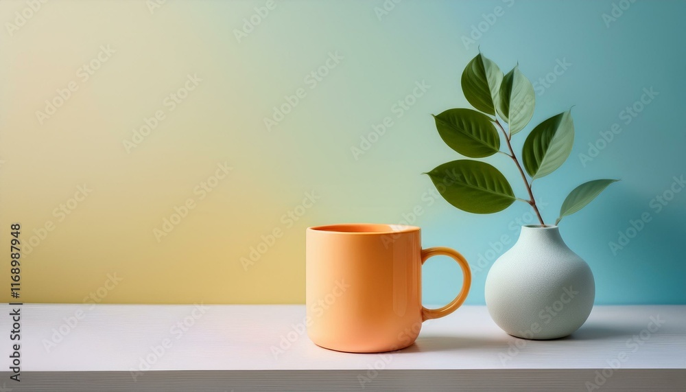 A mug with a clean and modern design, with soft primary colors harmonizing together on a table A mug with a clean and modern design, with soft primary colors harmonizing together on a table