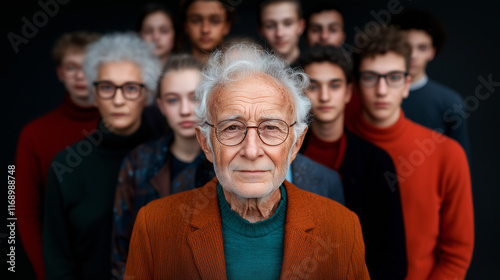 Portrait of an elderly man posing with young people on the background.