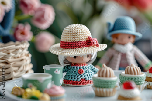 A charming scene with crocheted dolls dressed in colorful outfits, enjoying a miniature tea party with tiny cupcakes and teacups, surrounded by pastel decorations.
 photo