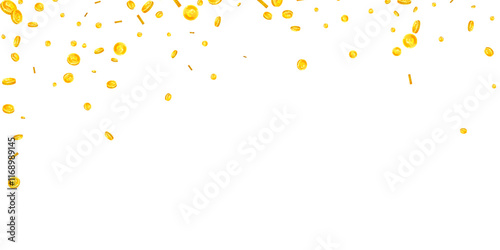 British pound coins falling. Scattered gold GBP