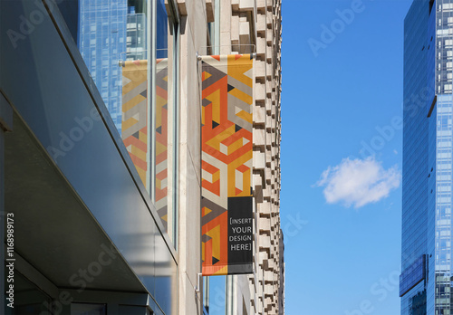 Pole Banner on a Business skyscraper in New York Under Clear Blue Sky. PSD Mockup Template for fly banner