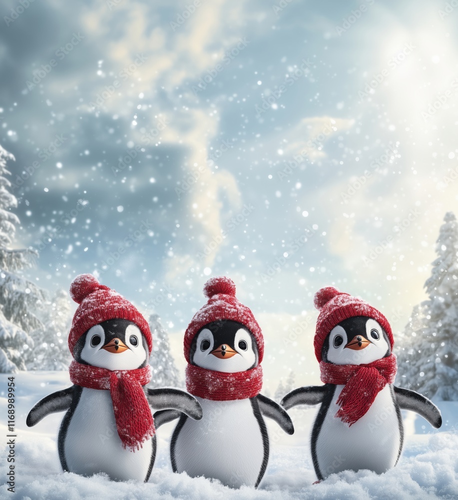 Fototapeta premium Adorable penguins wearing red knitted hats and scarves in snowy winter landscape, surrounded by snowflakes and evergreen trees, copy space for text